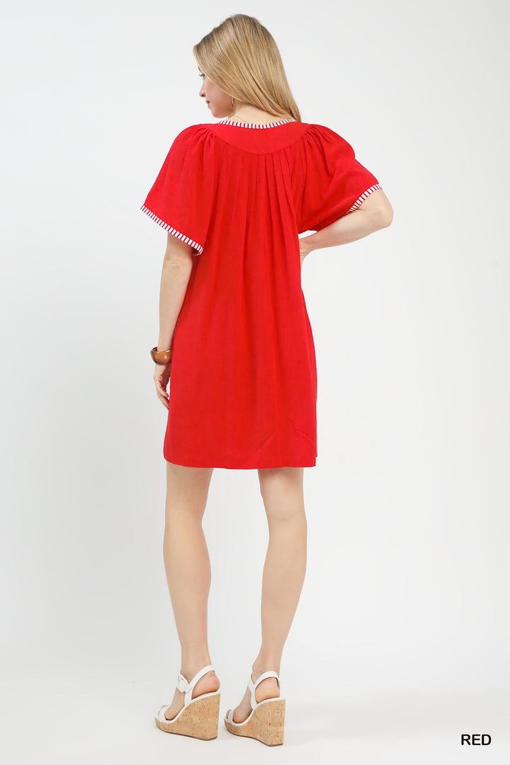 Red Umgee Linen Trim Tunic Dress