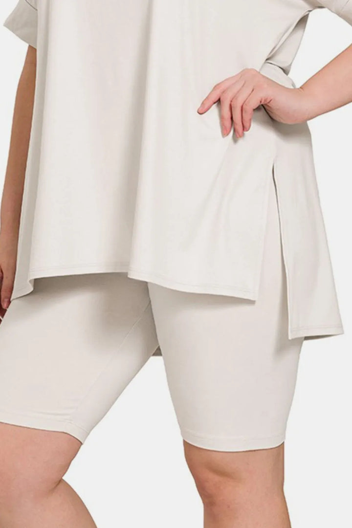 Bone Zenana Full Size V Neck Short Sleeve Slit T Shirt And Shorts Set