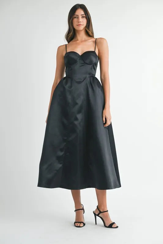 Black Mable Solid Taffeta Spaghetti Strap Bustier Midi Dress