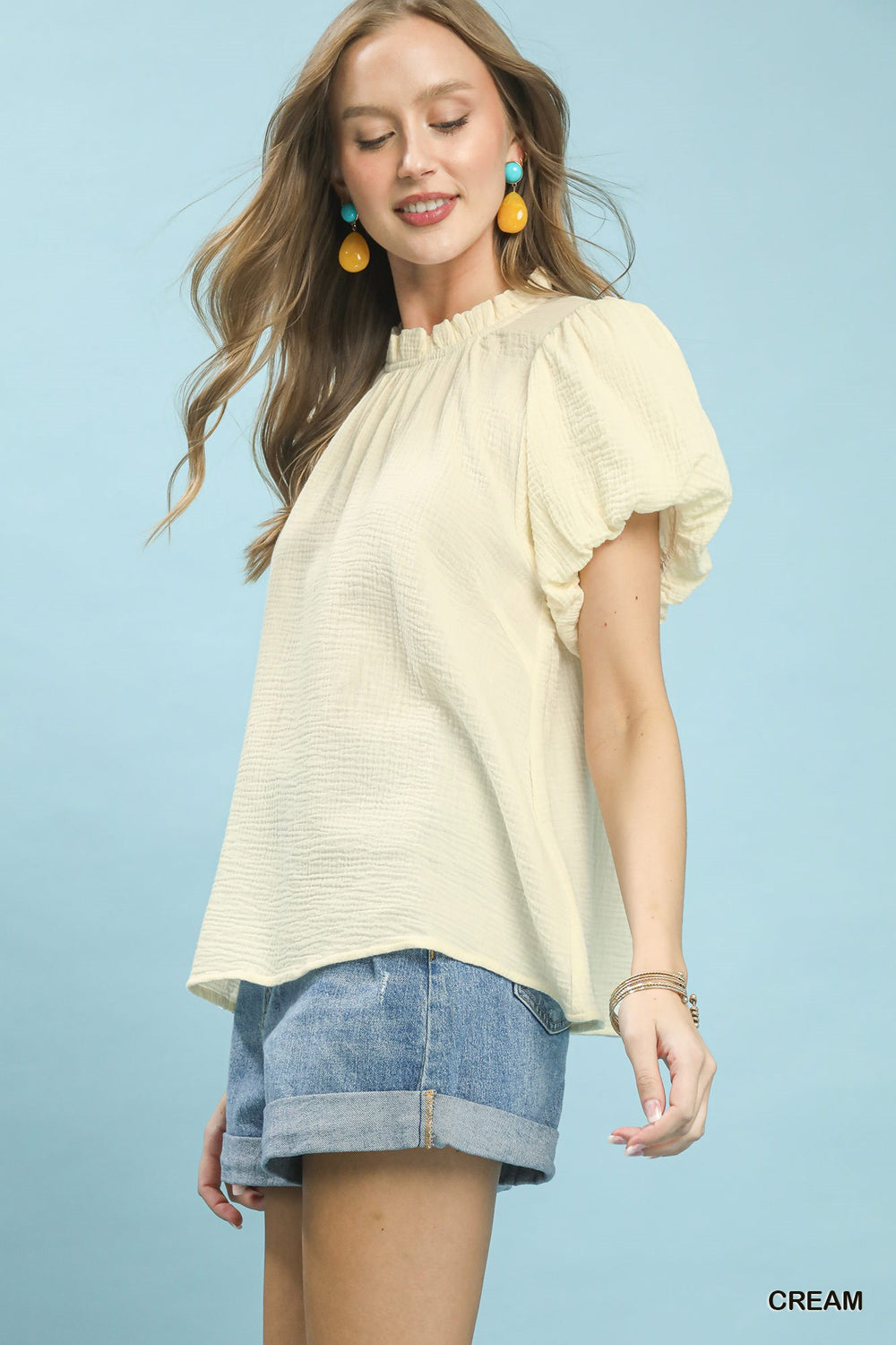 Cream Umgee Textured Gauze Ruffle Neck Boho Top