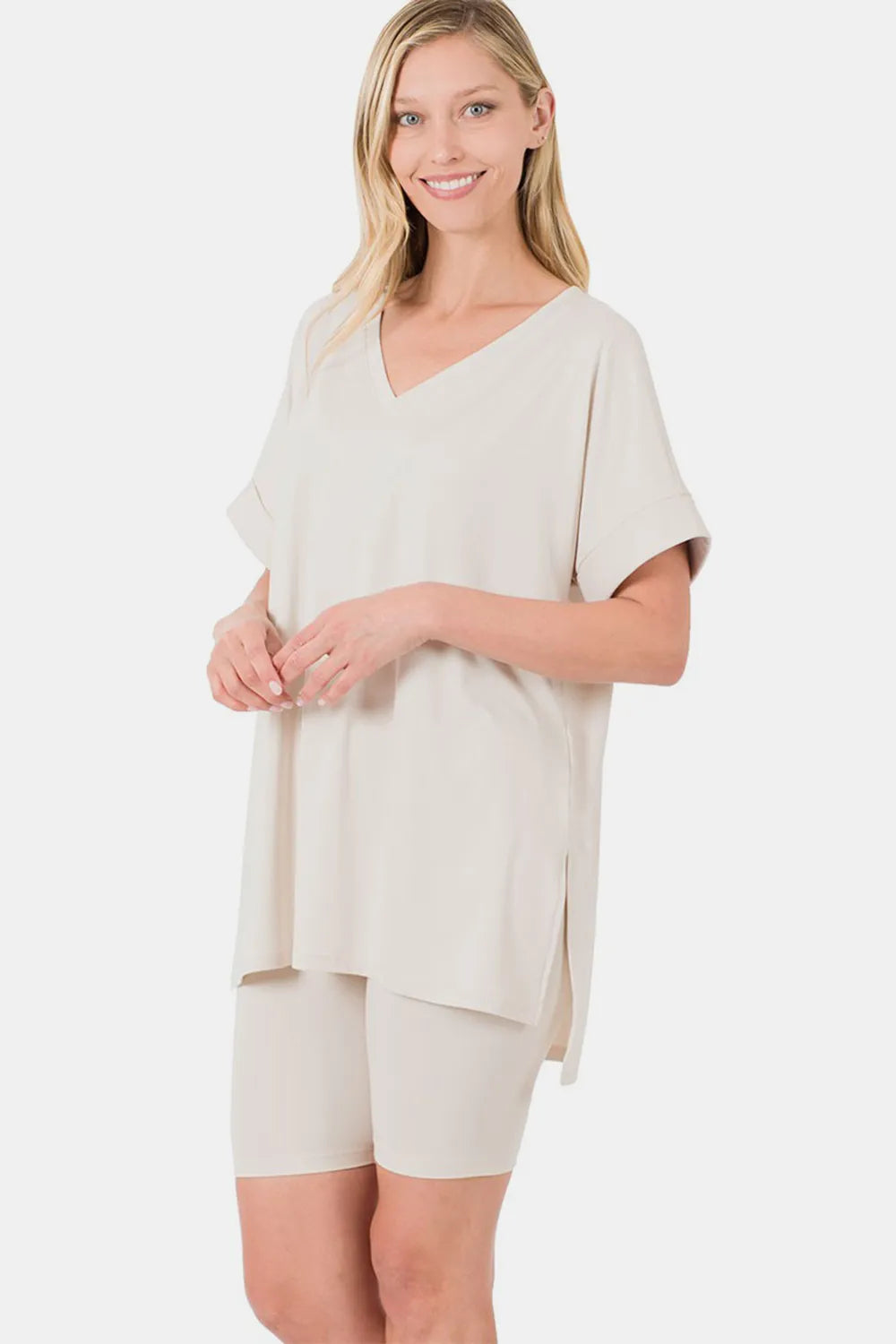 Bone Zenana Full Size V Neck Short Sleeve Slit T Shirt And Shorts Set