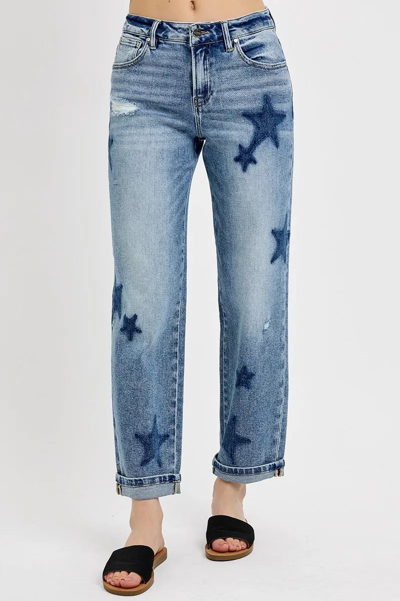 Medium Risen Full Size Mid Rise Boyfriend Star Shadow Detail Cuffed Jeans Plus Size