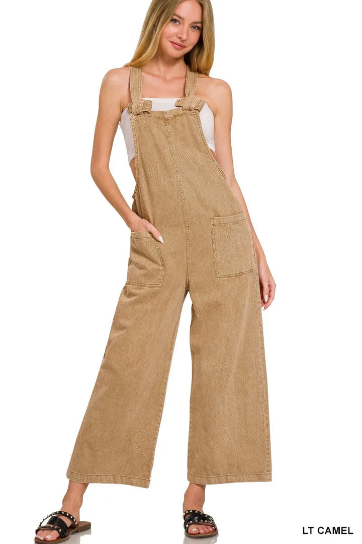 Lt Camel Zenana Washed Knot Strap Pockets Jumpsuit 1