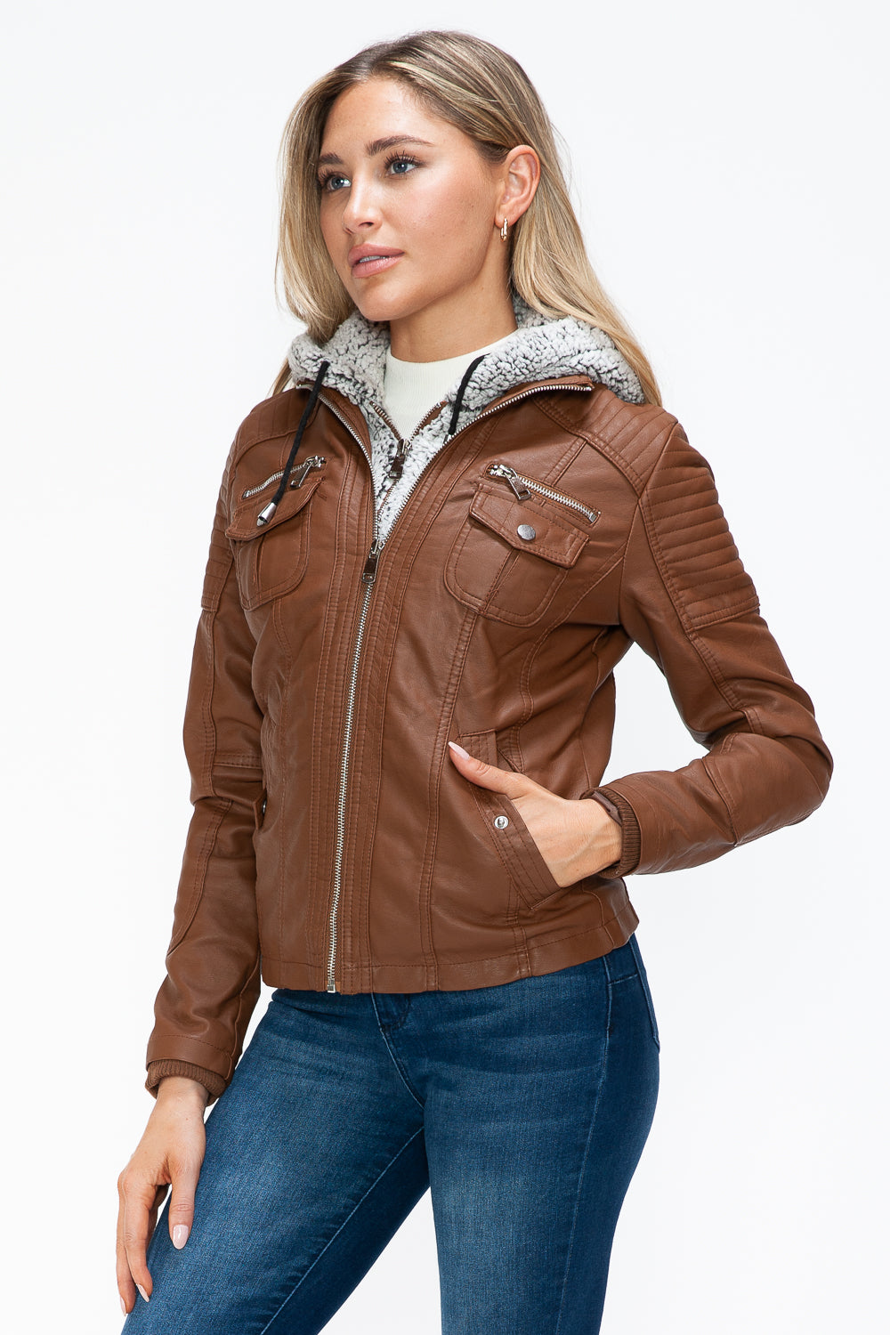 Ymi Removable Faux Layered Multi Pocket Jacket With Fuzzy Hood 2