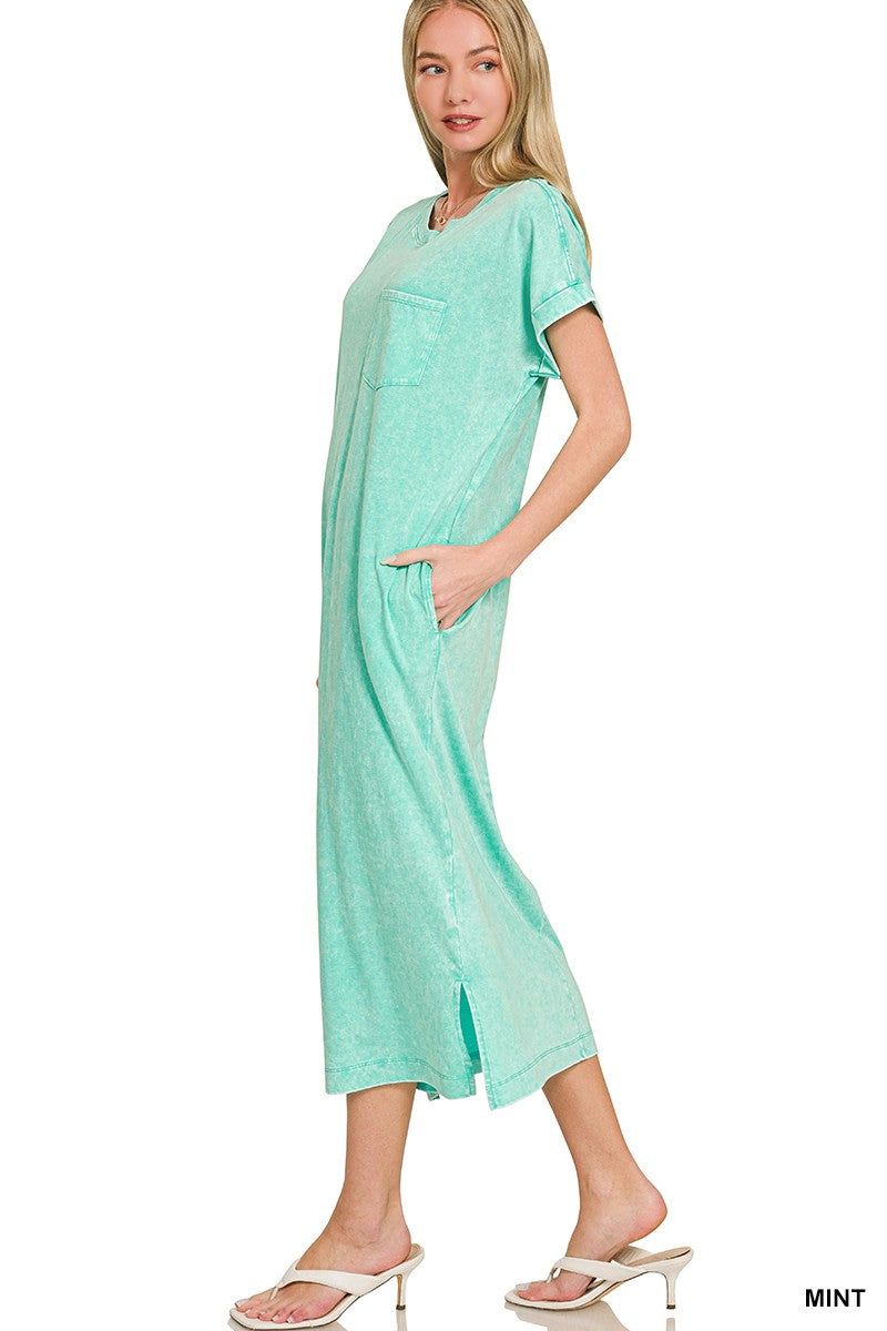 Mint Zenana Washed Exposed Seam Short Sleeve T Shirt Dress 4