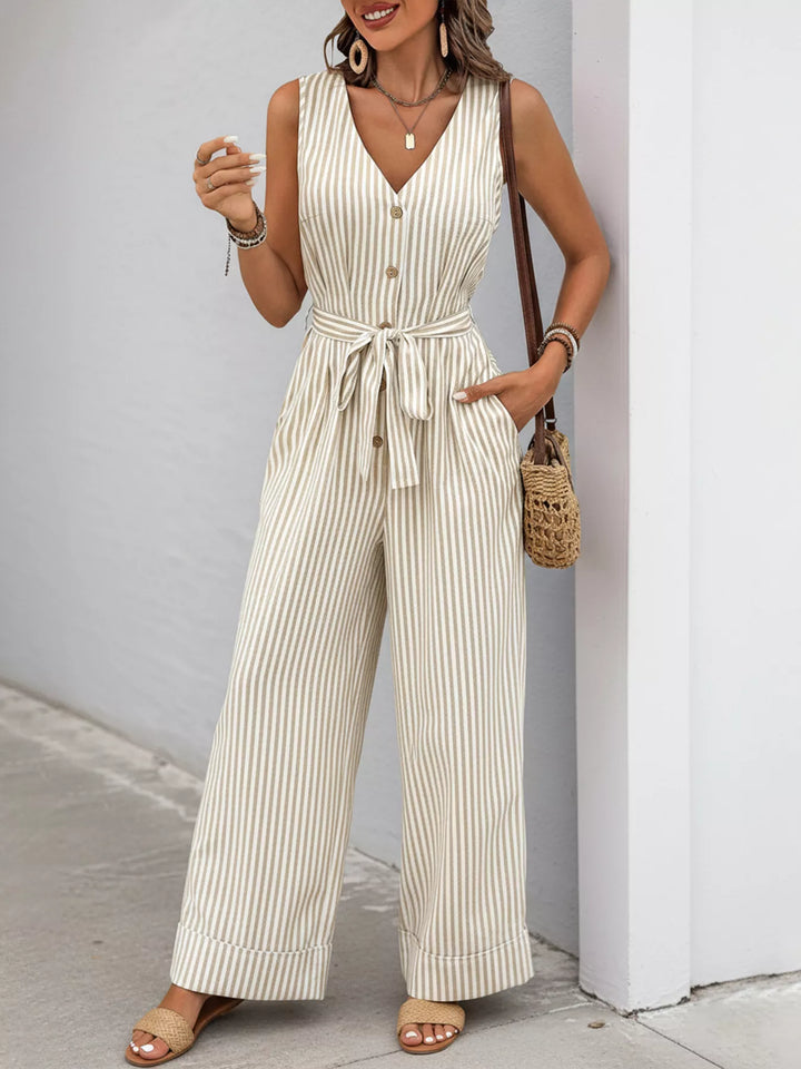 Khaki Striped Button Front Wide Leg Jumpsuit