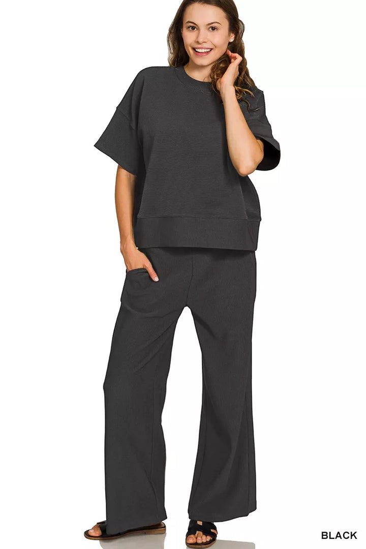 Black Zenana Ribbed Round Neck Tee Pants Set 1
