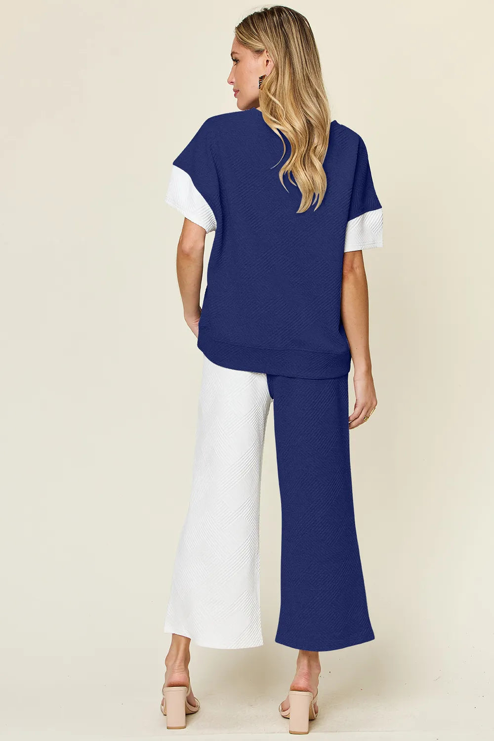 White Double Take Full Size Texture Contrast T Shirt And Wide Leg Pants Set