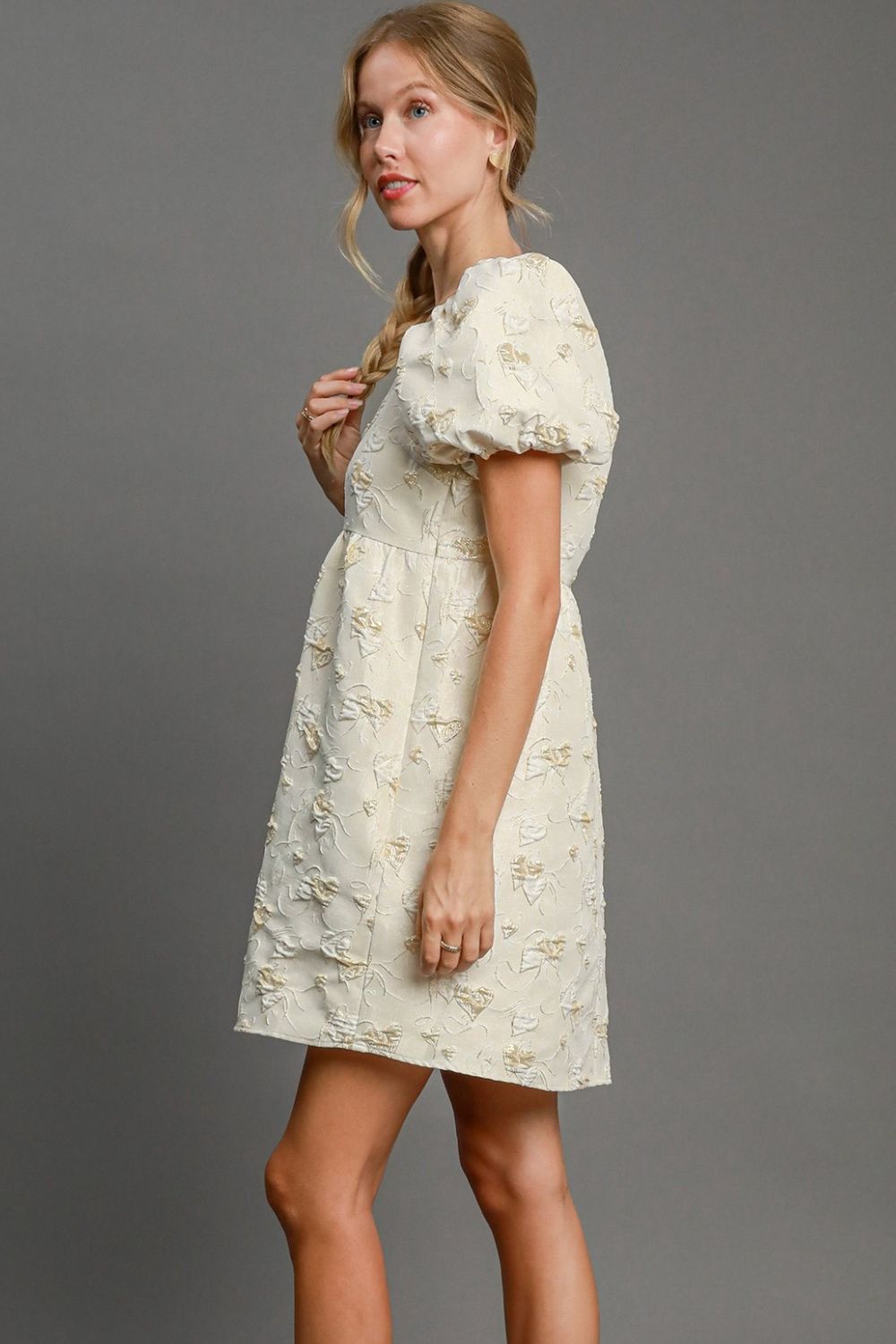 Cream Umgee Heart Jacquard Square Neck Puff Sleeve Mini Dress