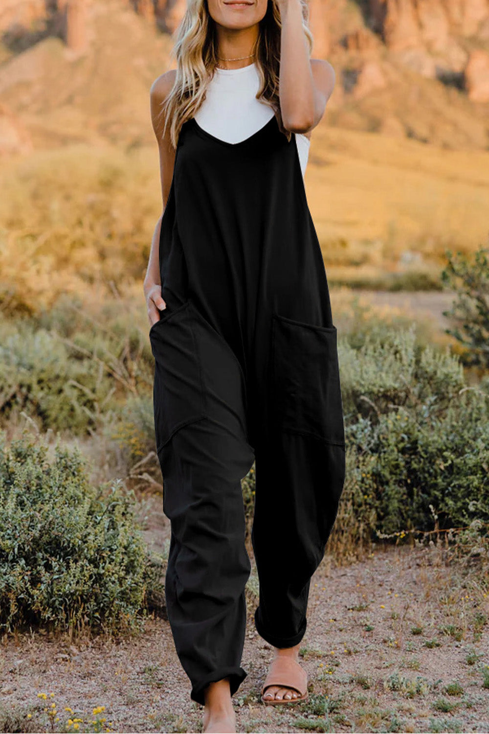Black Double Take Full Size V Neck Sleeveless Jumpsuit With Pockets
