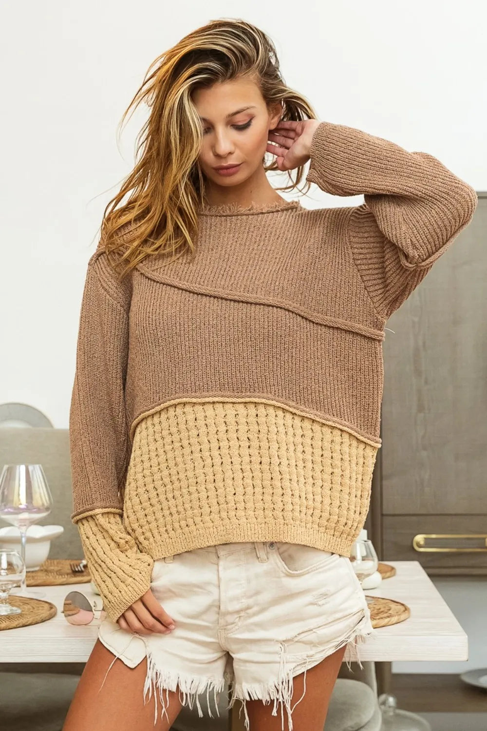Mocha Brown Combo Bibi Texture Detail Contrast Drop Shoulder Sweater