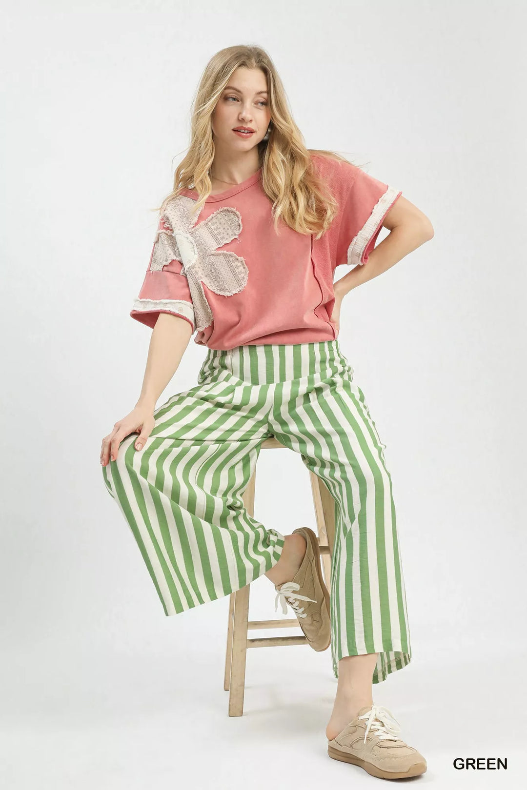 Green Umgee Vertical Stripe Wide Leg Pants