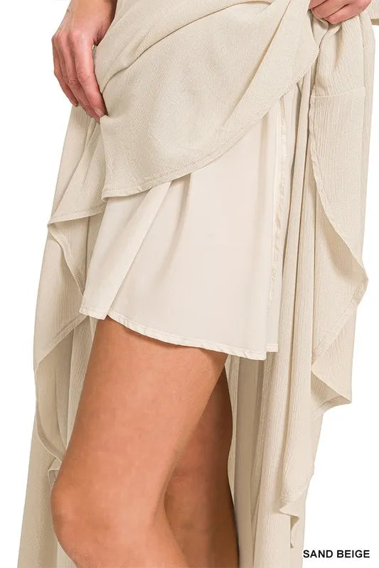 Sand Beige Zenana Woven Crinkle Gauze Crop Tee And Skirt Set 1