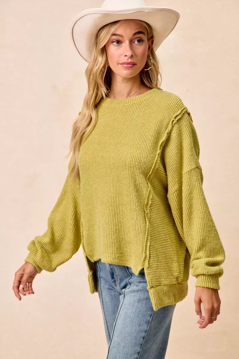 Bibi Boucle Rib Knit Uneven Hem Sweater With Open Seam