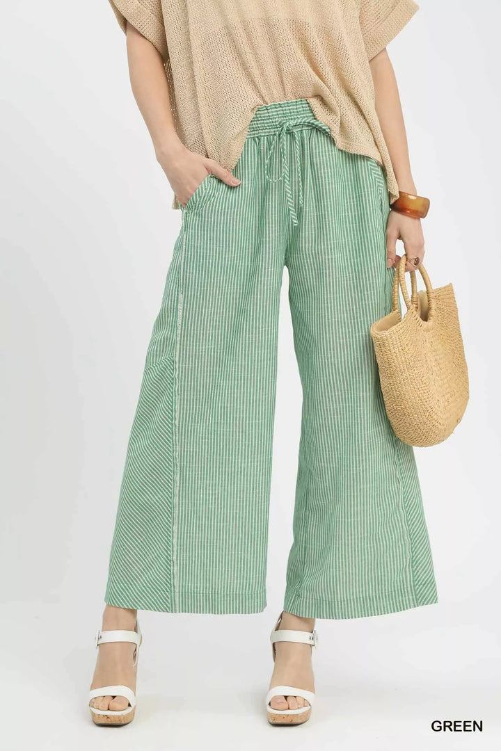 Green Umgee Linen Blend Striped Wide Leg Pants 1