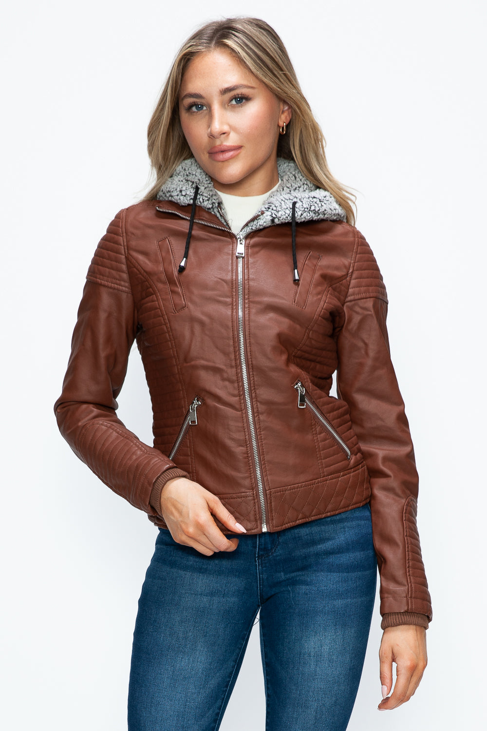 Brandy Ymi Faux Layered Double Zipper Jacket With Fuzzy Hood 5