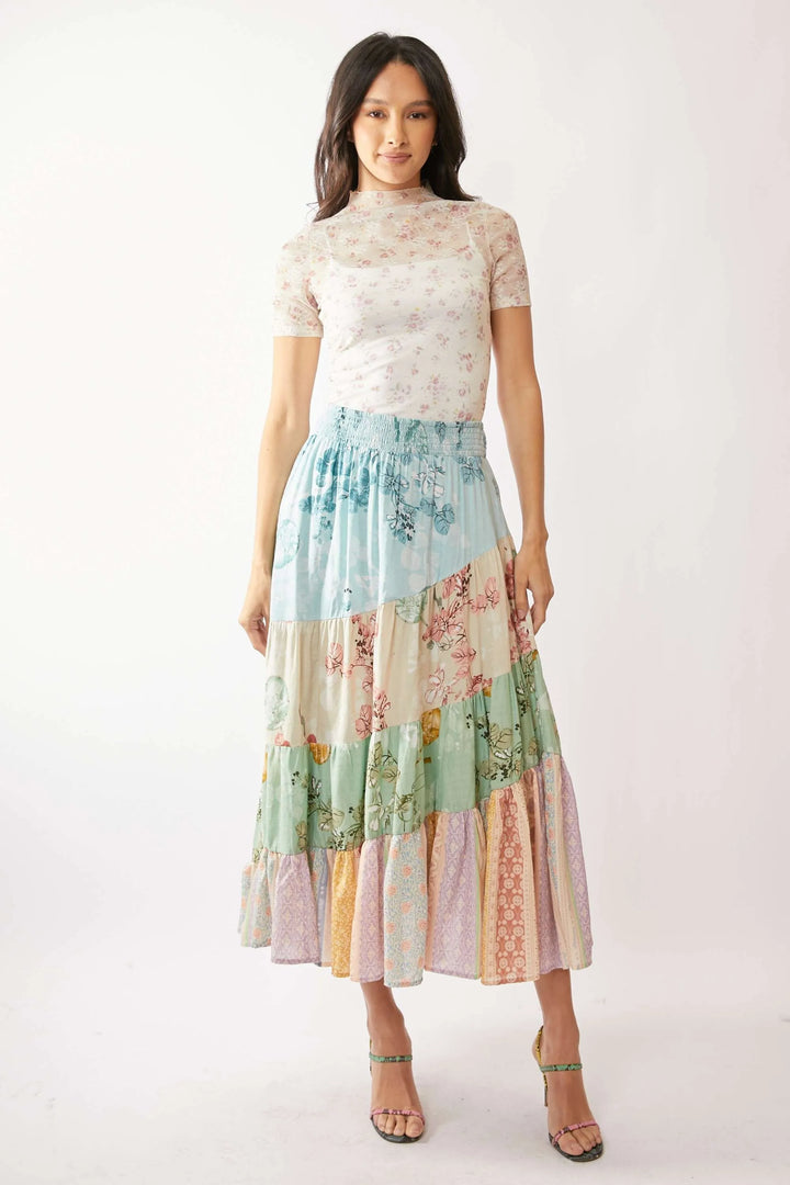 Davi Dani Floral Mesh Mock Neck Short Sleeve Top