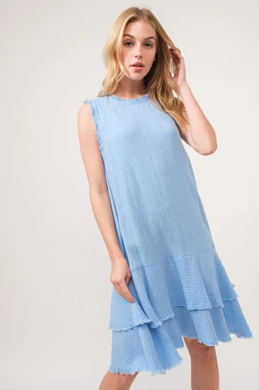 Baby Blue And The Why Washed Fringe Detail Tiered Dress