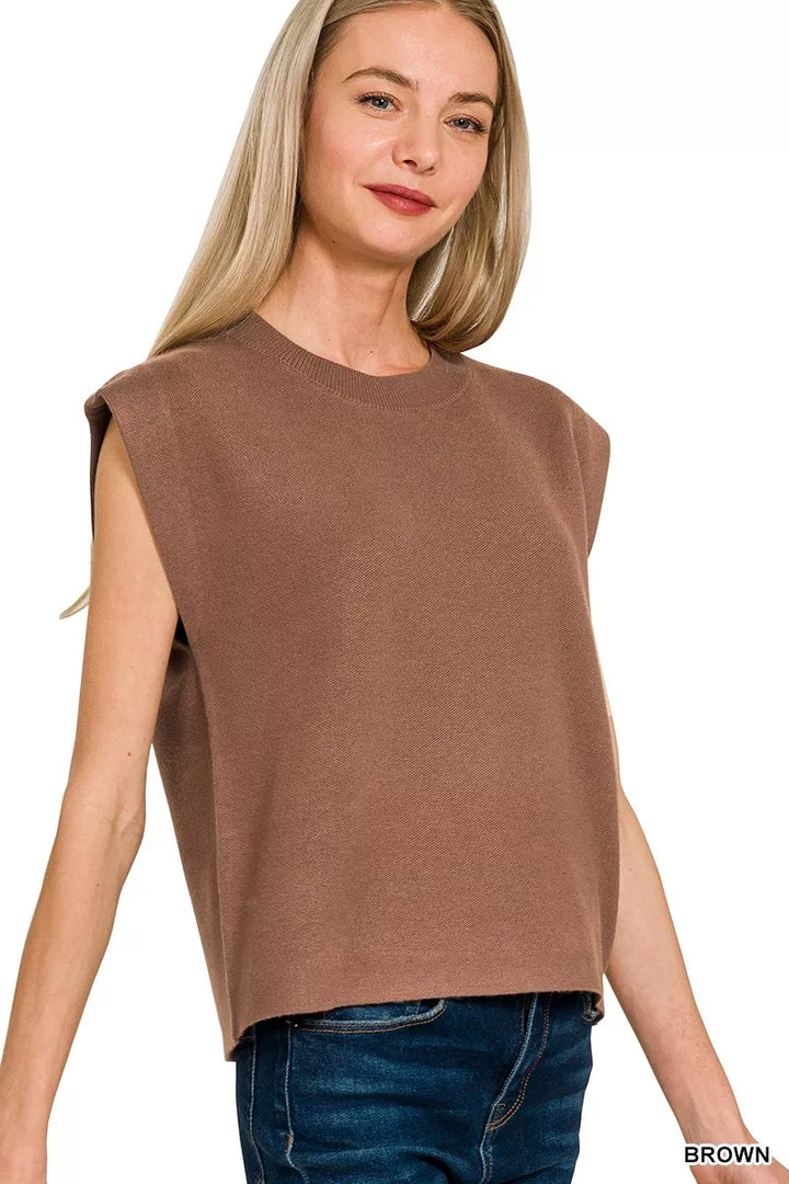 Brown Zenana Round Neck Viscose Sweater Vest 6