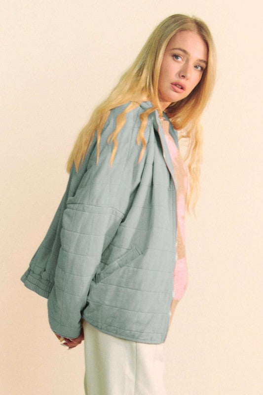 GREY BLUE Davi Dani Quilted Zip Up Dropped Shoulder Jacket