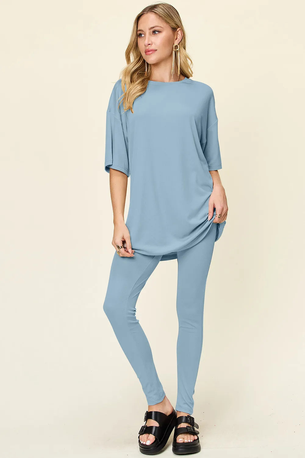 Light Green Double Take Full Size Round Neck Dropped Shoulder T Shirt And Leggings Set