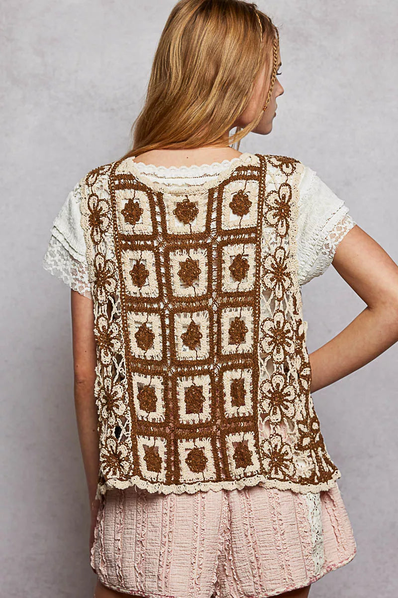 Pol Tie Front Floral Pattern Crochet Vest With Scalloped Edge 1