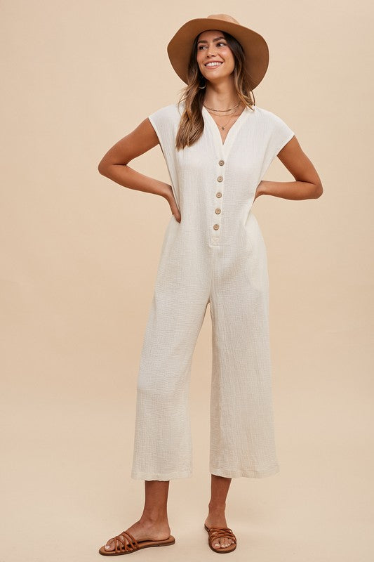 Cream Annie Wear Button Detail Wide Leg Jumpsuit With Pockets 1
