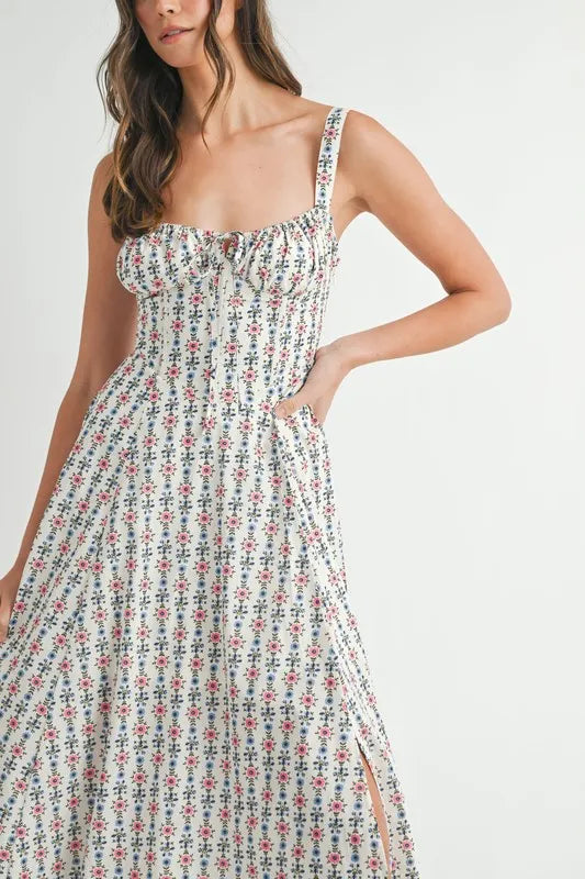 Mable Floral Print Bustier Back Lace Up Midi Dress 1