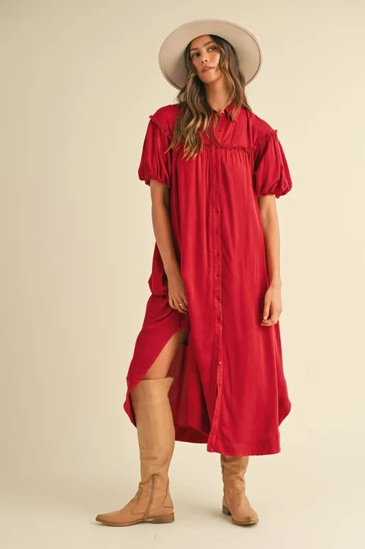Deep Red Annie Wear Mineral Washed Button Down Puff Sleeve Shirt Dress