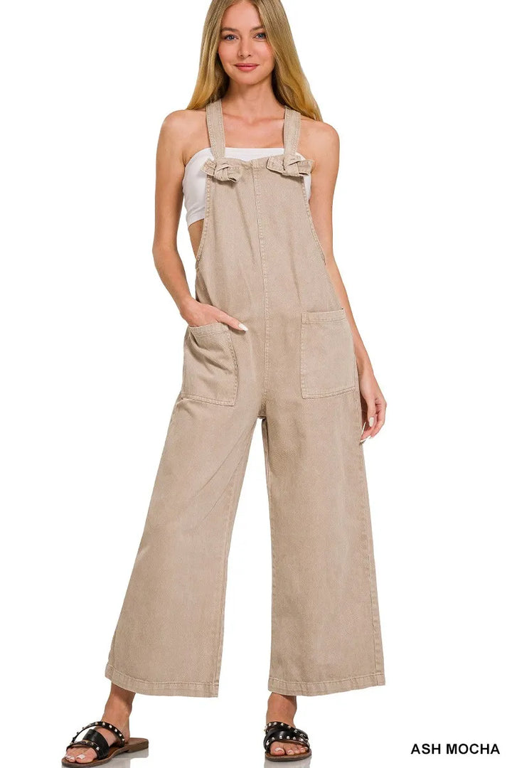 Ash Mocha Zenana Washed Knot Strap Pockets Jumpsuit 4