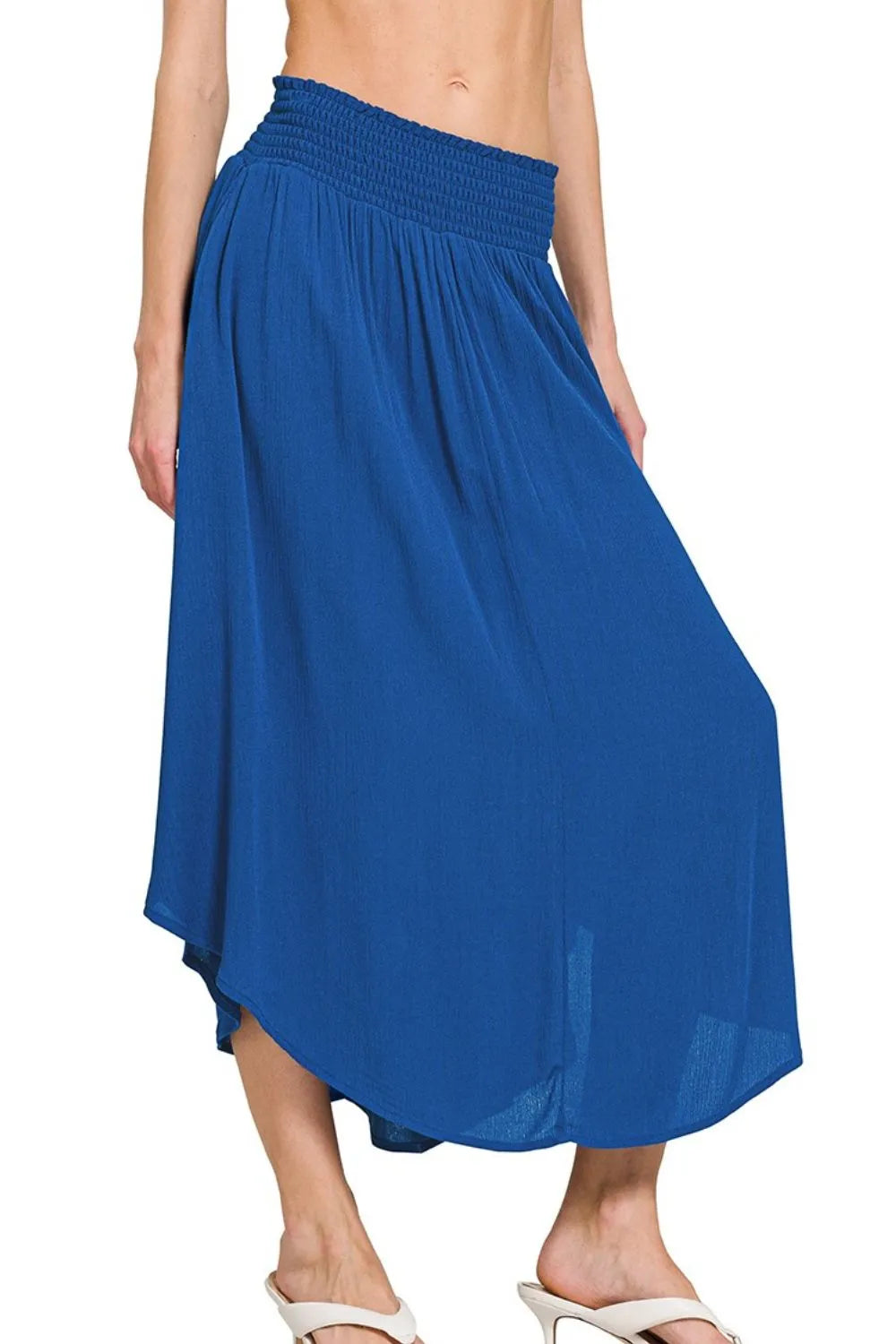 Classic Blue Zenana Woven Crinkle Smocked Waist Maxi Skirt W Pockets 5