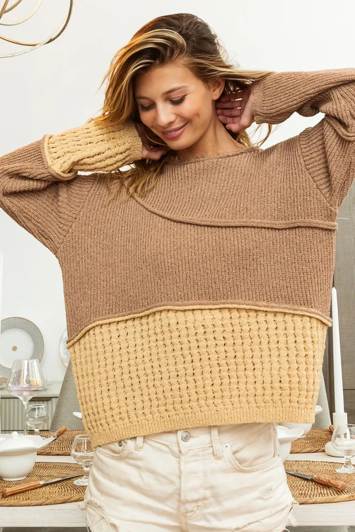 Mocha Brown Combo Bibi Texture Detail Contrast Drop Shoulder Sweater