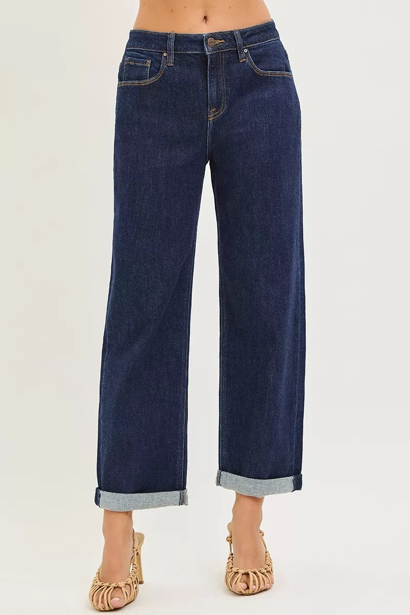 Solid Dark Risen Slouchy Cropped Boyfriend Jeans With Cuffed Hem