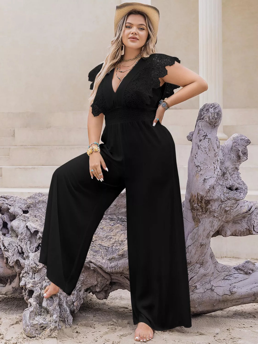 Black Plus Size Lace Cap Sleeve Wide Leg Jumpsuit