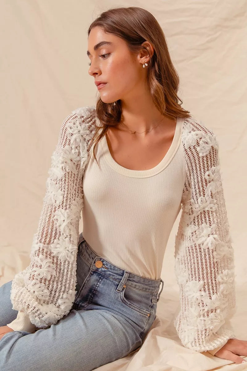 Ivory So Me Rib Knit Top With Lace Balloon Sleeves