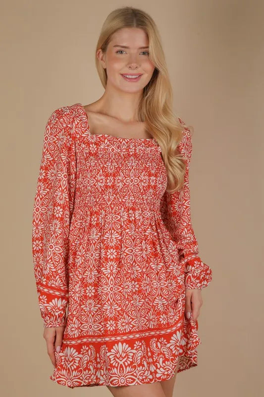 Rust Very J Printed Smocked Chest Boho Mini Dress 1