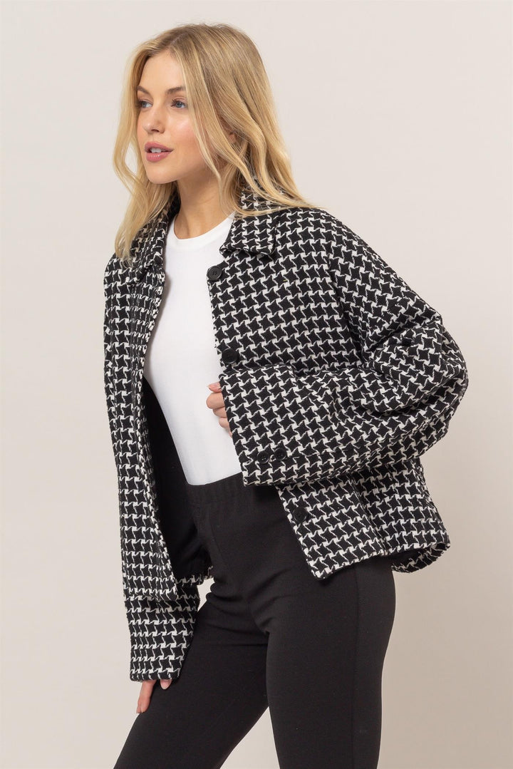 Black Hyfve Tweed Plaid Button Up Collared Neck Jacket