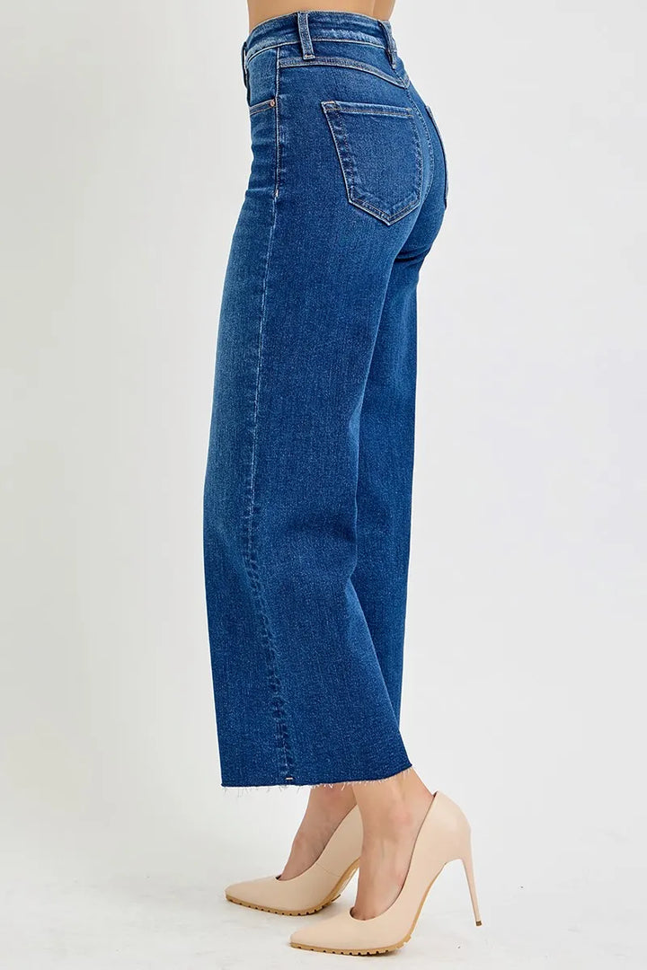 Dark Risen Full Size Tummy Control High Rise Wide Crop Jeans Plus Size