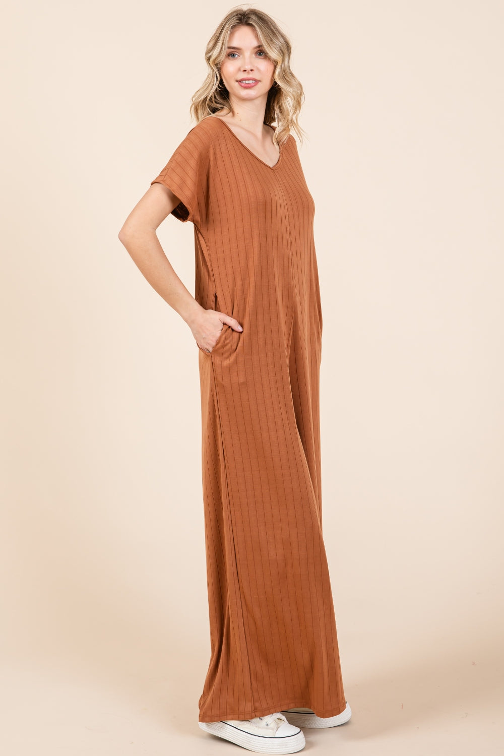 Camel Bombom Ribbed Short Sleeve Wide Leg Jumpsuit