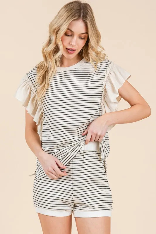 Lime N Chili Striped Ruffle Sleeve Round Neck Top Shorts Set
