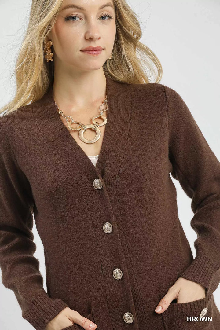 Umgee Button Down Longline Sweater Cardigan With Front Pockets