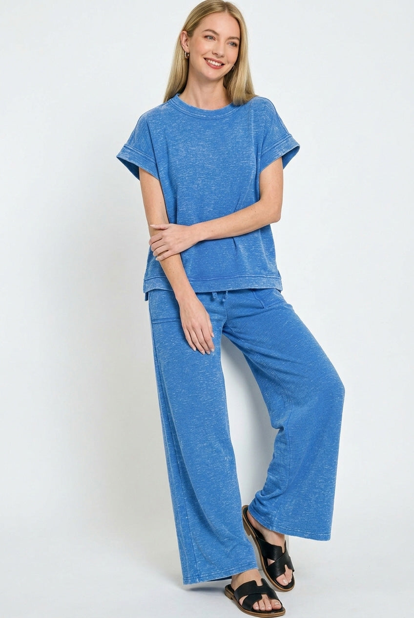 Ocean Blue Zenana Washed Slub Short Sleeve Tee Long Pants Set 2