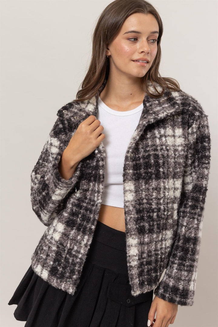 Black Hyfve Plaid Collared Neck Boucle Jacket With Pockets 1