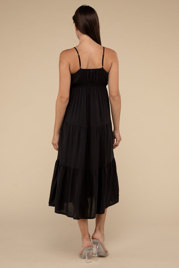 LT OLIVE Woven Sweetheart Neckline Tiered Cami Midi Dress