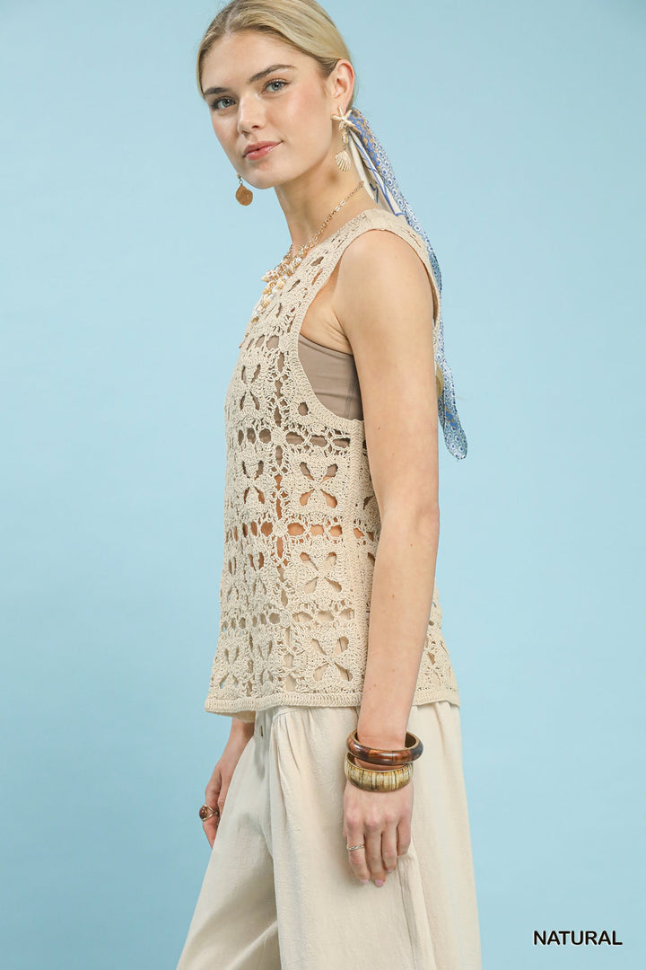 Natural Umgee Crochet Flower Motif Sleeveless Tank Top
