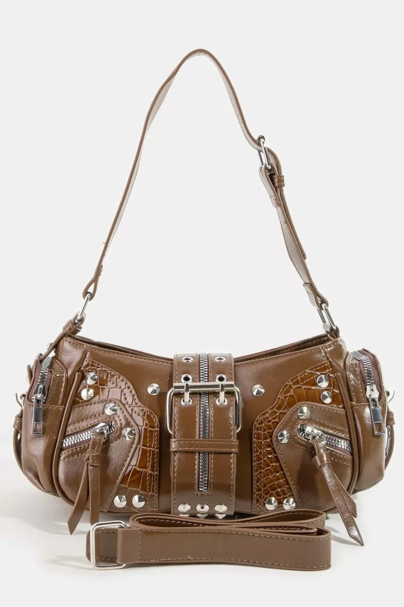 Fame Rivet Detail Leather Shoulder Bag