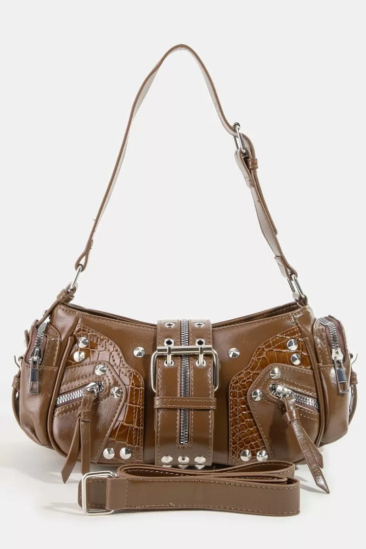 Fame Rivet Detail Leather Shoulder Bag