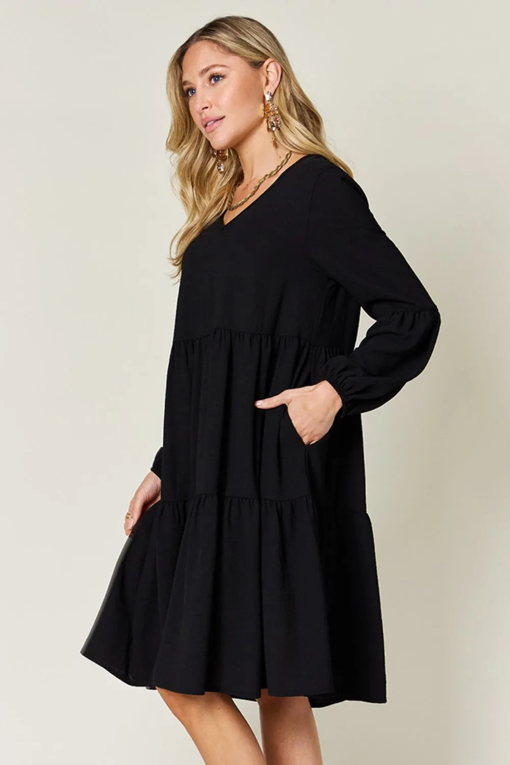 Black Double Take Full Size V Neck Balloon Sleeve Tiered Dress With Pockets