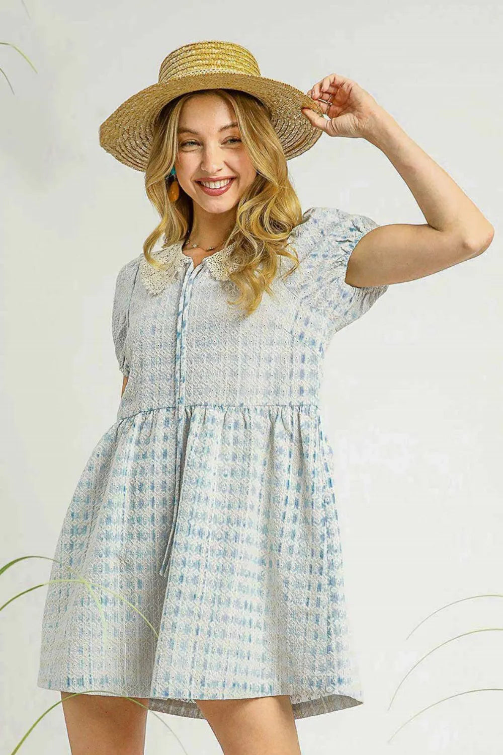 Sky Blue Umgee Lace Detail Short Puff Sleeve Mini Dress