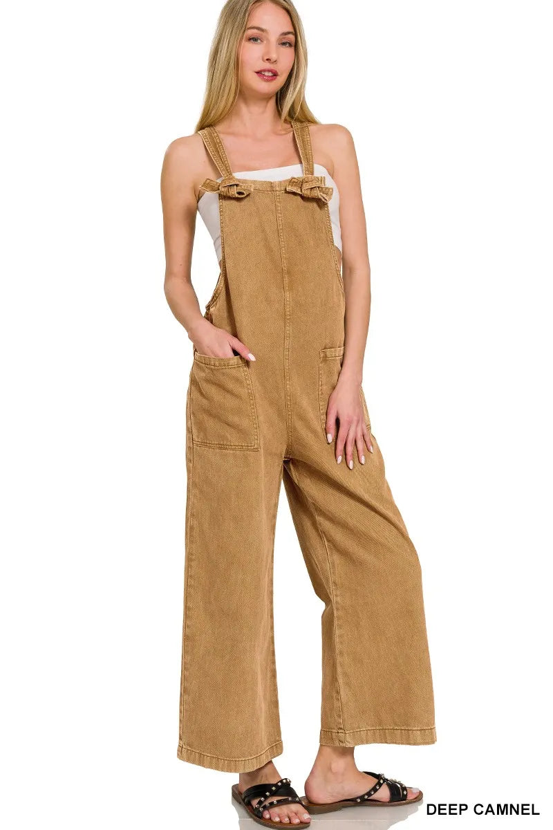 Deep Camel Zenana Washed Knot Strap Pockets Jumpsuit 2